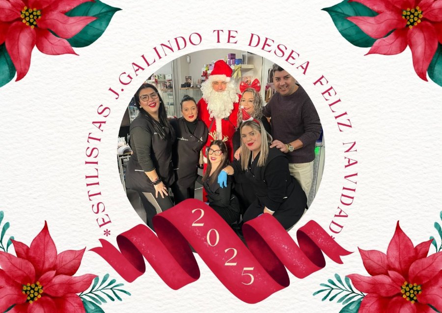 El equipo de J. Galindo Estilistas felicitando la Navidad 2025 junto a Papá Noel